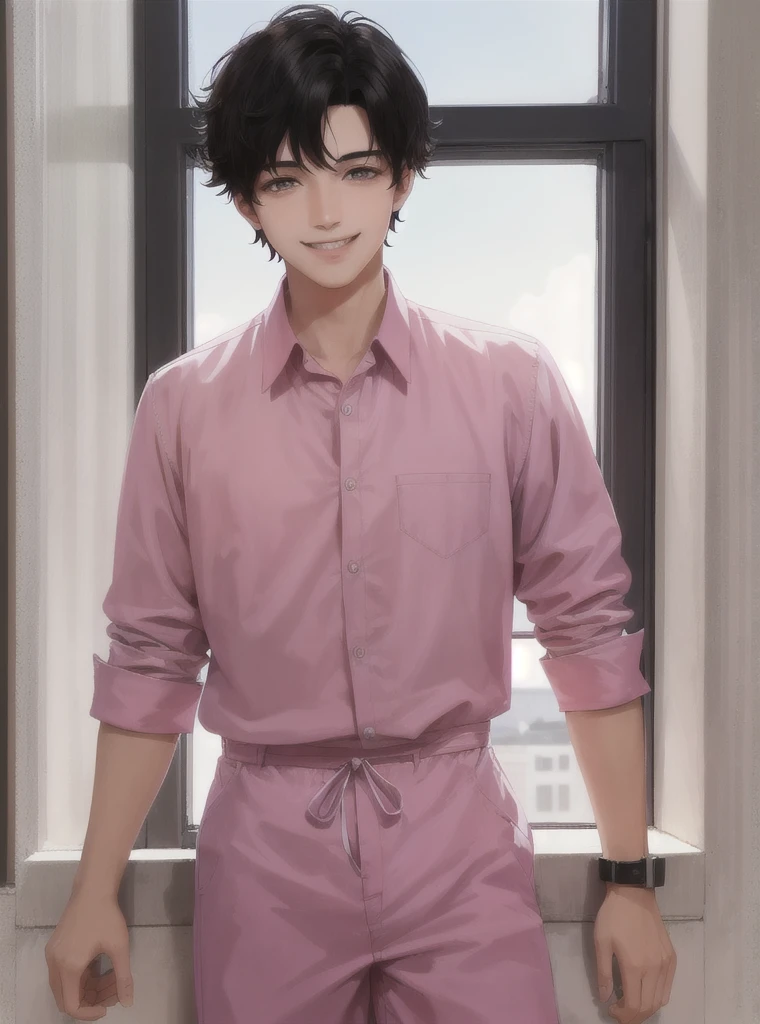 Make a young 17 year old man with short straight asabache black hair, dark eyes, smiling, White skin, with adorable face and very attractive rosy cheeks, with a pink shirt, who is standing behind a window, HD quality
