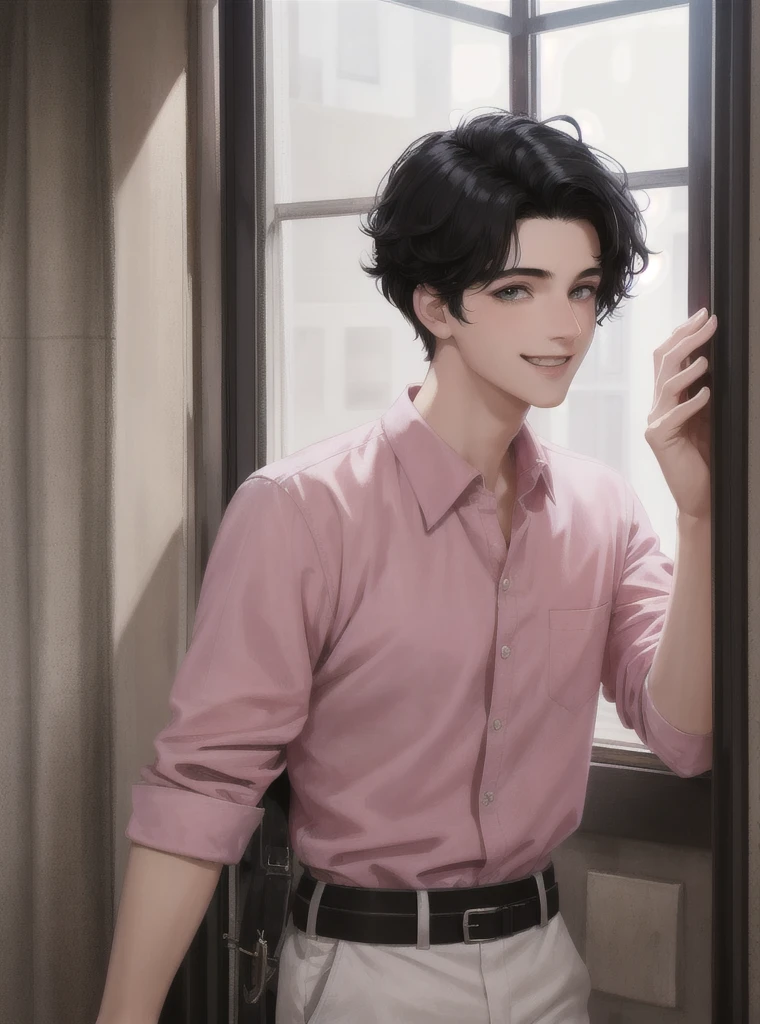 Make a young 17 year old man with short straight asabache black hair, dark eyes, smiling, White skin, with adorable face and very attractive rosy cheeks, with a pink shirt, who is standing behind a window, HD quality