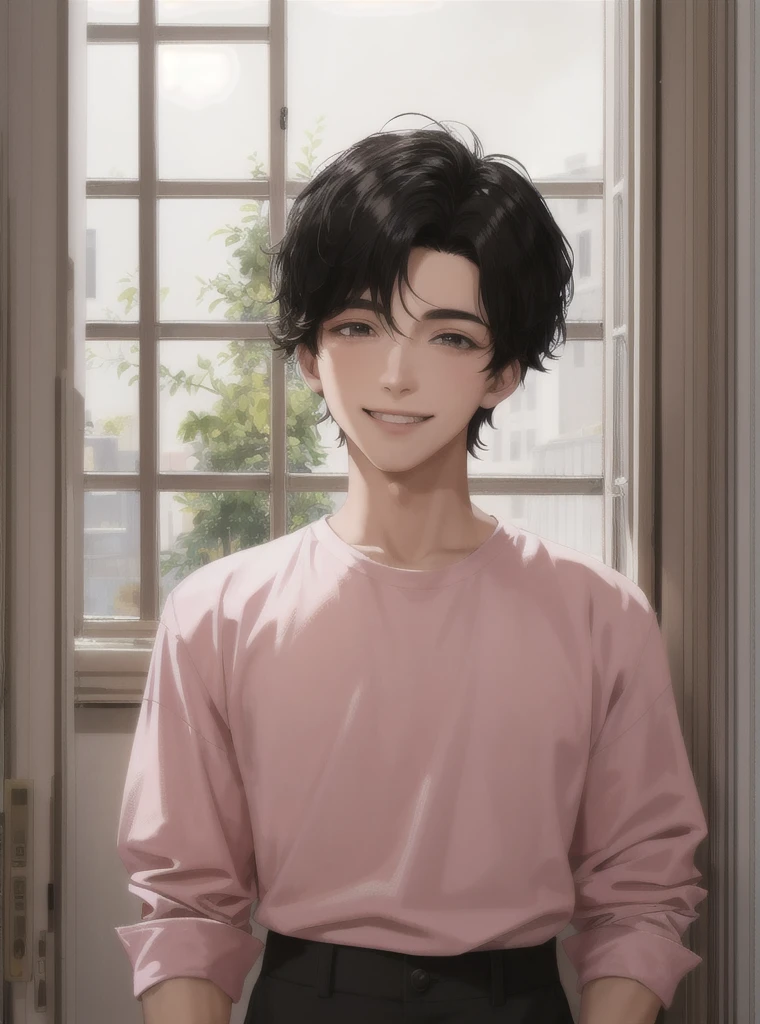 Make a young 17 year old man with short straight asabache black hair, dark eyes, smiling, White skin, with adorable face and very attractive rosy cheeks, with a pink shirt, who is standing behind a window, HD quality