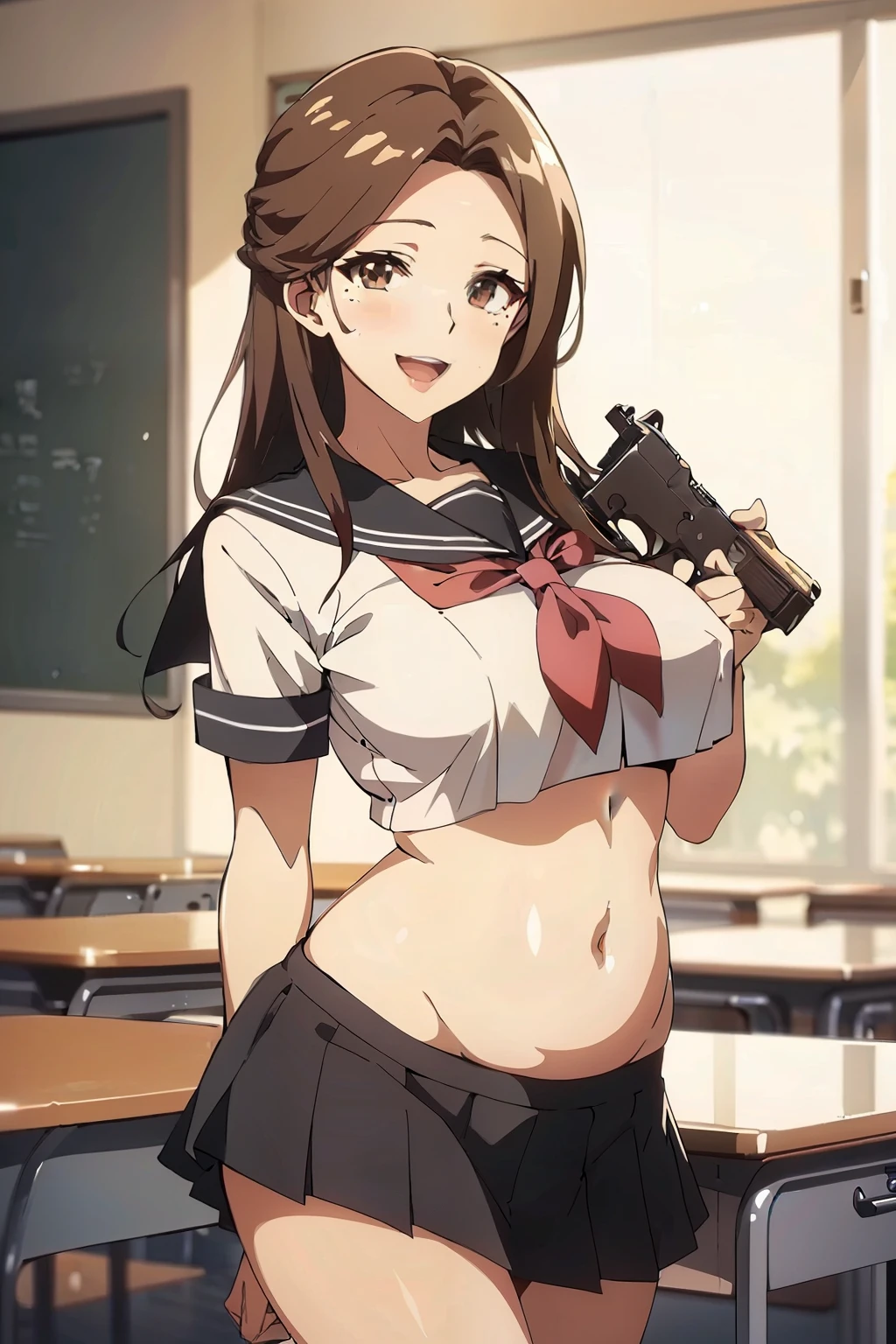 OVA_Liulijiang,mature female,brown hair,brown eyes,large breasts,mole on breast,Playful Smile,detailed_face, long hair,
blush, lipstick,,masterpiece, best quality, highly detailed, a anime girls in sailor uniforms with a gun posing for a picture,
evil smile, smile, open mouth,black_serafuku, ecchi anime style, anime girls , (nsfw) not safe for work,
ecchi style, ecchi, shipgirls, digital anime art!!, high school girls, holding a gun, hold a gun, anime style 4
k, micro skirt, exposed belly, exposed navel, exposed midriff,
exposed lower belly,school, classroom