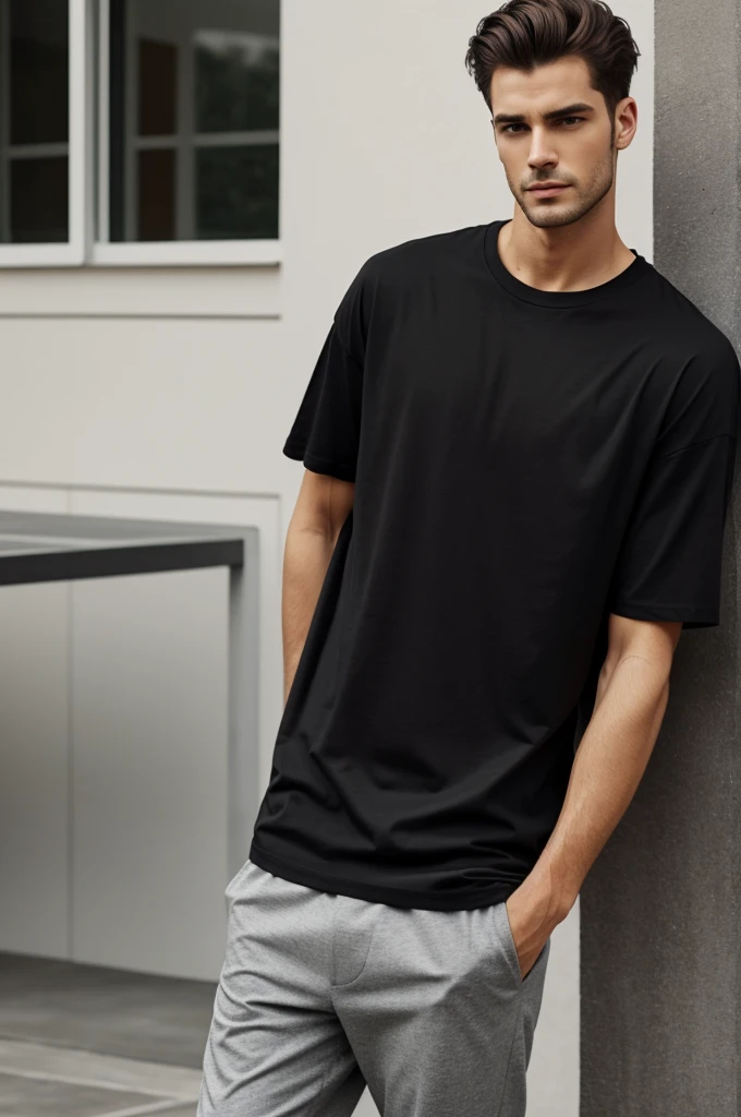 "A man is modeling an elegant black oversized T-shirt. The garment, made with high quality cotton, stands out for its relaxed and modern cut, providing a feeling of comfort and style. The model wears the shirt with confidence, showing how the loose fit allows freedom of movement and versatility in the outfit. Ideal for any casual occasion, This t-shirt is the perfect complement for a contemporary and casual look.."