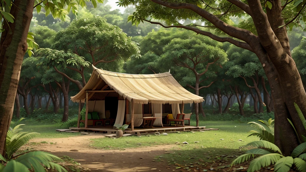 A makeshift shelter made with tree branches and leaves in the jungle