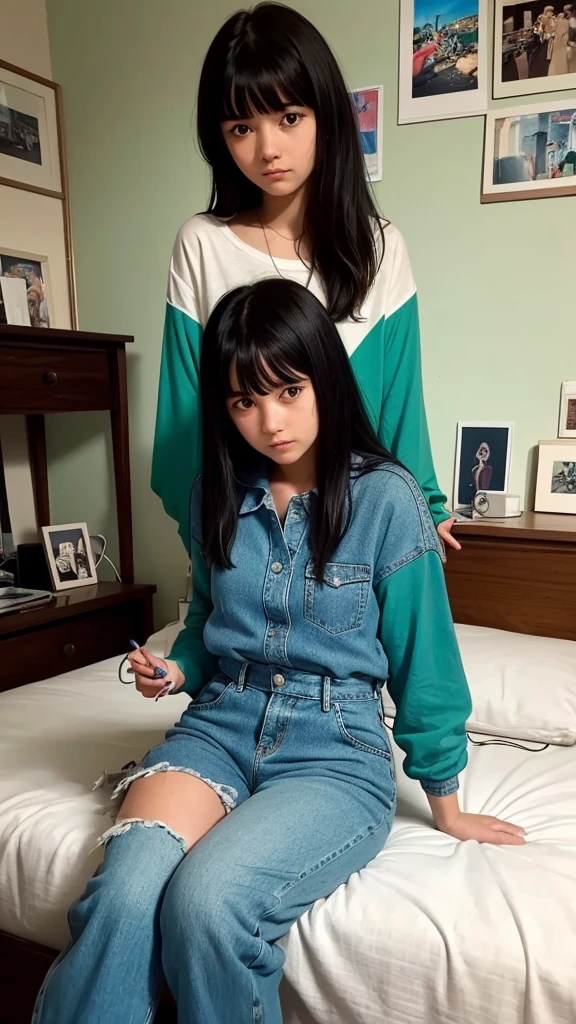 In a 70s theme A 16 year old girl wearing a blue jumpsuit over a green shirt, and jeans is sitting with her legs crossed on her bed in her room, holding a Polaroid camera with several photos spread across the bed, the girl has straight black hair with bangs on her forehead she is looking at the camera that she holds in her hands, in the room there is a wall with band posters glued to the wall and a dresser with a radio player with some tapes stacked up