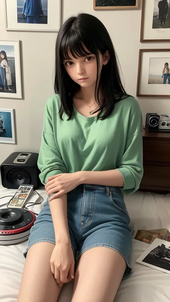 muste piece, best quality, illustration, Super detailed, fine details, High resolution, 8K,wall paper, perfect dynamic composition,(Details High quality, realistic depiction of eyes:1.3), (Fashionable、Beige oversized sweatshirt、long-sleeve), large breasts,short bob hair, black hair color, Big Natural Color Lip, bold sexy pose, crying a little、cold gaze, Harajuku style、20 year old girl、cute type、lolita、beautiful legs, hotel room, hposing Gravure Idol, woman on top, straddling, sitting)