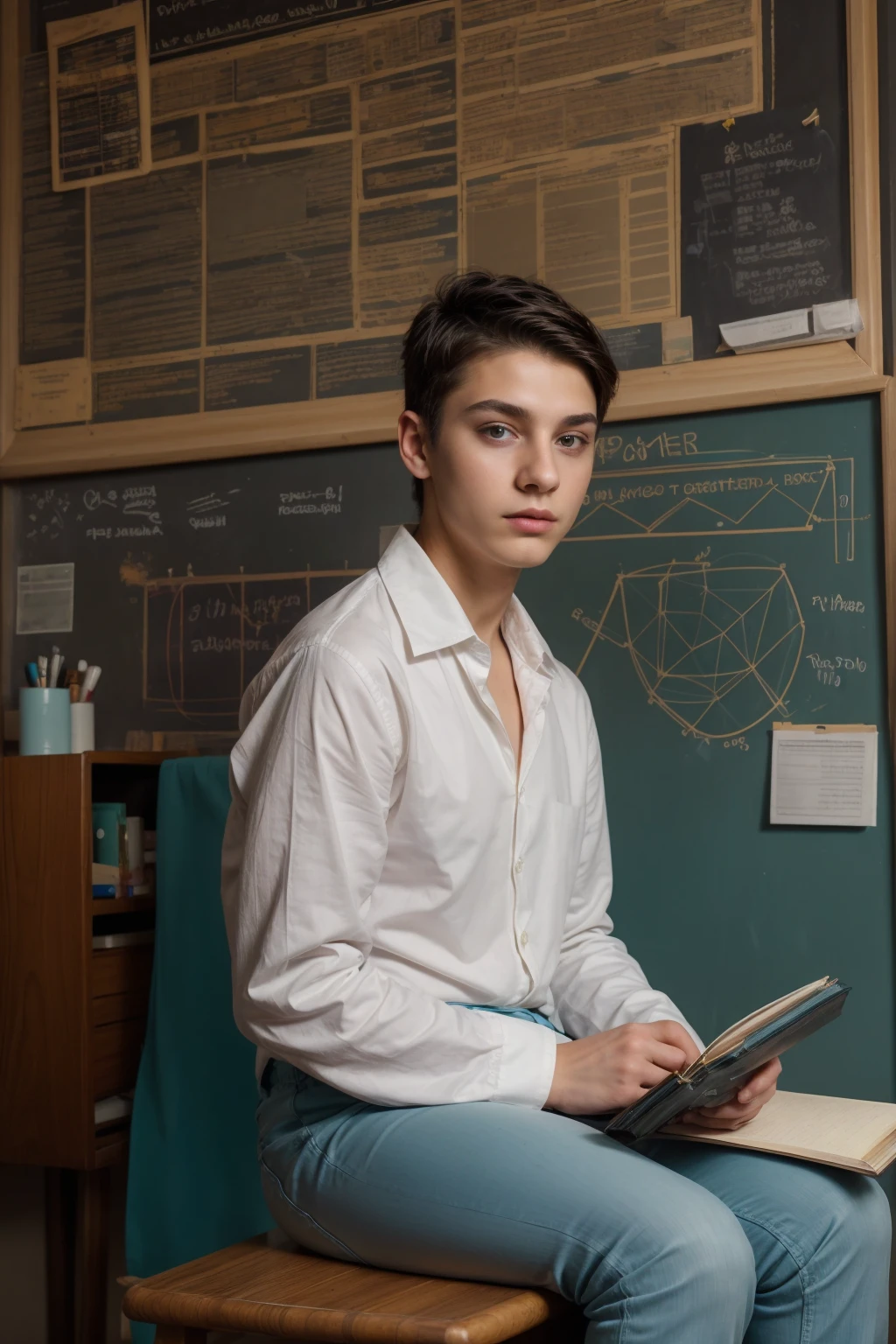 A beautiful young male twink, cute, with black hair and a face with makeup, wearing a bright white long-sleeved shirt and aqua blue pants, and he is in his office, and behind him is a blackboard on which is written the shape of the brain and its anatomy, and nuclear energy comes out of it, and he has a face with makeup and and.  His eyes have dark circles under them as he sits studying with a huge medical book on surgery