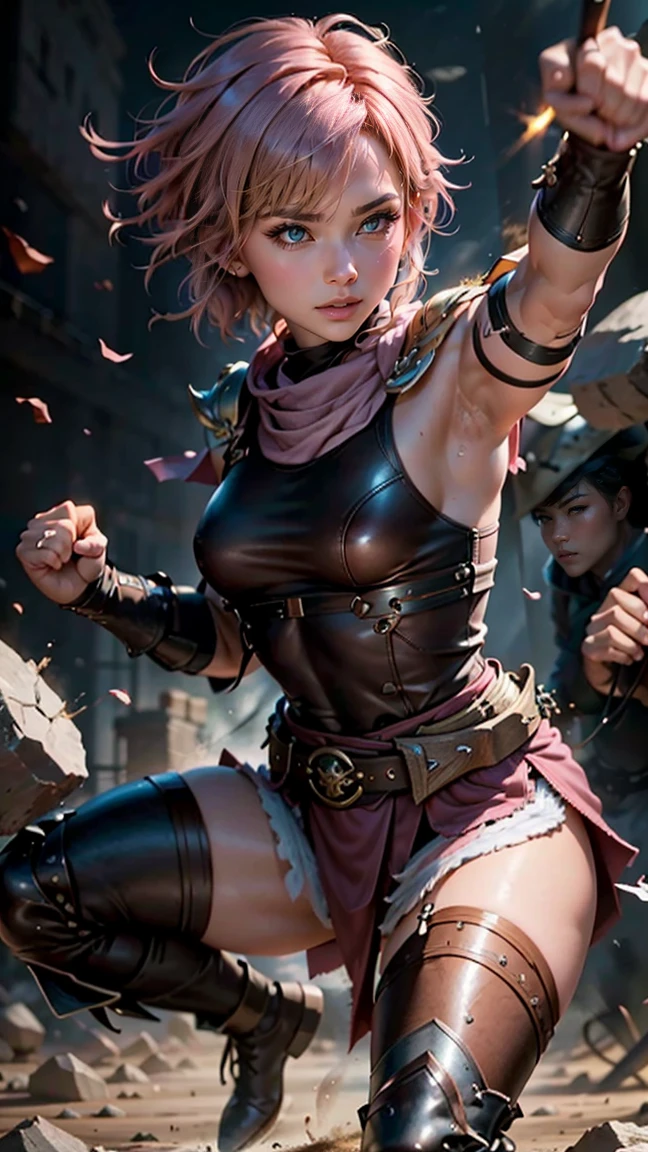((Highest quality、masterpiece、8K、Realistic、超High resolution:1.3、Very delicate and beautiful、High resolution))、Cinema Lighting、medium range shooting、Portraiture、Perfect female body、Opposition、Looking at the audience、((Fighter from another world、A well-trained body、Brown Skin、(Big Breasts:1.4)、Sharp Eyes、(short pink hair:1.3)、Combat Bandana))、Ancient Tattoos、Strong Fist、Leather fighting gloves、Battle Scars、Light combat uniform、Agile movement、Ready to Battle、Powerful kick、Sturdy boots、Ancient techniques、Otherworldly background、A dusty arena、Sharp Claws、Battle Focus、Strong posture、Well-trained abs、Glowing Accessories、Warrior Nobility、Ancient Talisman、Combat Experience、Mysterious Aura、Ready for battle、Combining strength and skill、Hot fighting spirit。