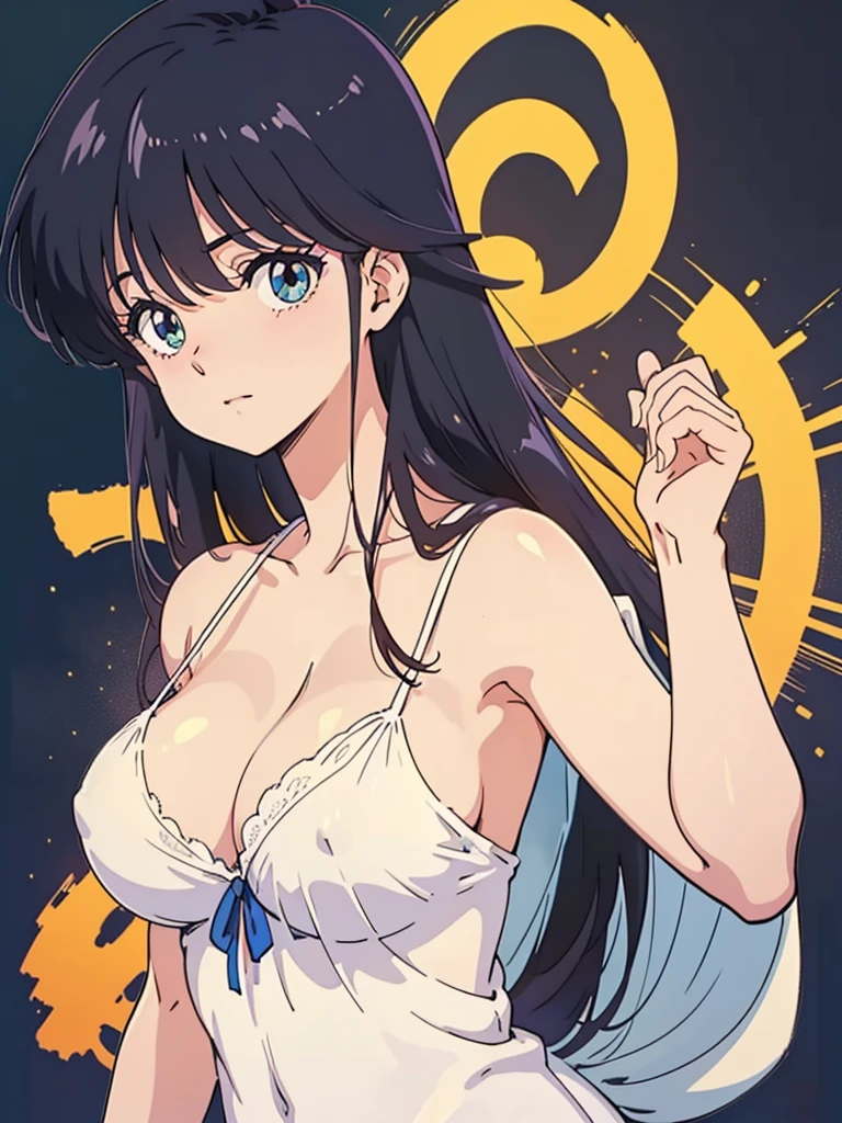 (masutepiece, Best Quality, High resolution:1.5, anime colours, megami magazine:1.2, anime poster style, anime keyvisual, sharp, 8k, photorealistic), (beautiful detailed eyes:1.5, beautiful detailed face:1.2), madoka ayukawa, 1girl, blush, (black hair, Long Hair), (sagging ????????????), (negligee:1.2, ??????), upper body, (Perfect detailed ???????, beautiful detailed hair, beautiful detailed body:1.2, shiny skin), (thick outline, Beautiful outlines, black outlines), simple background:1.5