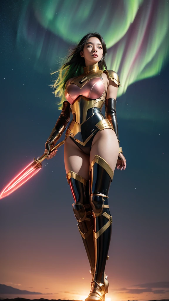 (best quality)), ((masterpiece)), (ultra detailed), ((full body shot)), indonesian girl, extremely beautiful, ultra face details, 20 years old, green curvy-hair, ((hair blown by strong winds :1.3)), Award-winning photograph, photography of a girl, slim face, extremely beautiful, ultra details armor, ultra details skin, sharp armor texture, crisp picture, ((full make ups)), ((pink blushing)), ((red lips)), ((wearing tight steel-armor)), ((full body armor)), ((tight latex panty)), ((thighs armor)), ((slim body shape)), (((24k-gold) and black armor)), no head cover, ((symmetrical body pose)), model posing in the middle, backlights, night at beach, full of stars, red clouds, nebula, ((aurora Borealis)), shooting stars, from below