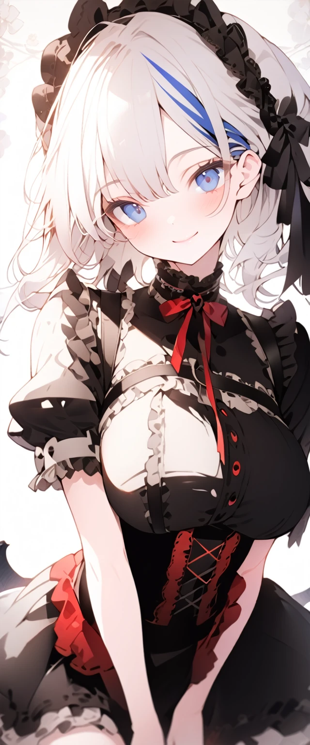 beautiful, masterpiece, Highest quality, anime, One girl, C Cup,Portrait Shot, View your viewers, Covered、Medium Hair、nearby、Blue Eyes、art、、White hair,Blue streaked hair、wallpaper、Cute smile、Thighs、Cute、bed、Beautiful breasts、Full Harness、valley、Gothic Lolita Coordination、corset、Courtesy、Frilled Skirt