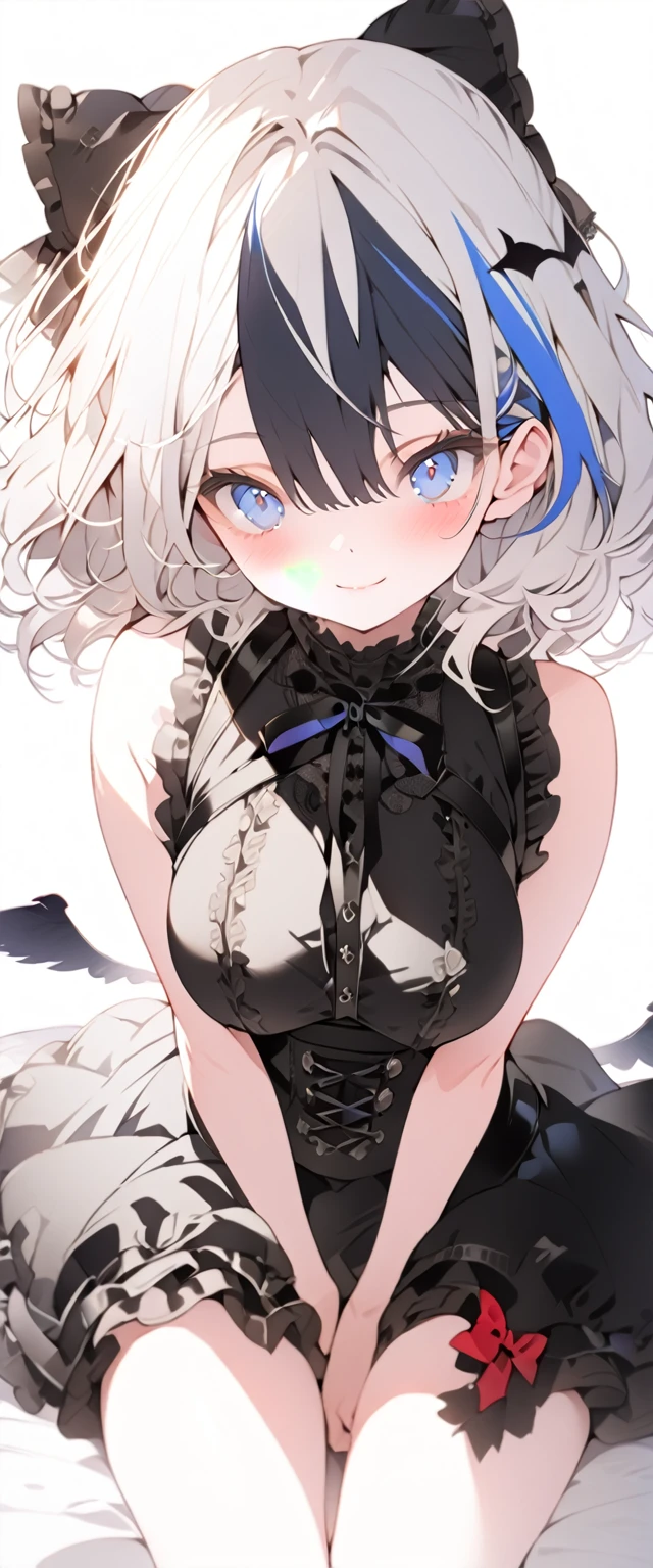 beautiful, masterpiece, Highest quality, anime, One girl, C Cup,Portrait Shot, View your viewers, Intricate details,>,((Covered、Short Hair、nearby、Blue Eyes、art、、White hair,Blue streaked hair、wallpaper、、hairpin、smile、Thighs、Race Queen、foot、High heels、