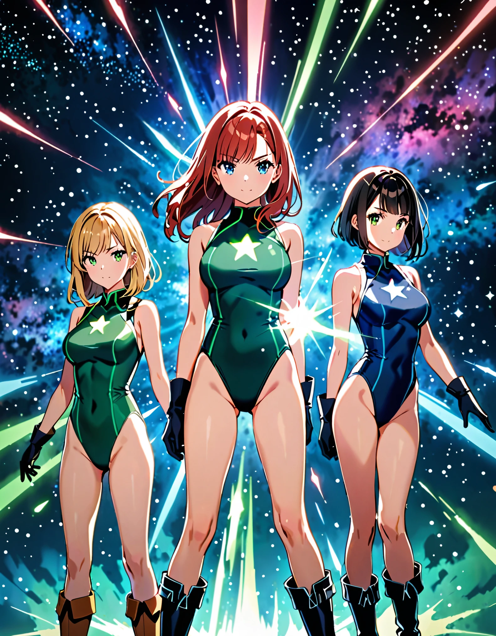 Create an image of ((three girls in sleeveless leotards, bare legs, medium breasts, and matching gloves and boots)). The first girl on the left and rear is a (blonde with bangs), and green eyes, wearing a (black leotard) with a (star (symbol) on her chest). The second girl in the middle and front is a (redhead with bob hair) and blue eyes, wearing a (green leotard) with a (star (symbol) on her chest). The third girl on the right and rear is a (black-haired brunette with bangs), and hazel eyes, wearing a (blue leotard) with a (star (symbol) on her chest). All three girls are standing with legs apart and raised arms, each surrounded by a glowing aura. outer space backdrop, cowboy shot, serious. masterpiece, best quality, hires. diffraction spikes, light particles.