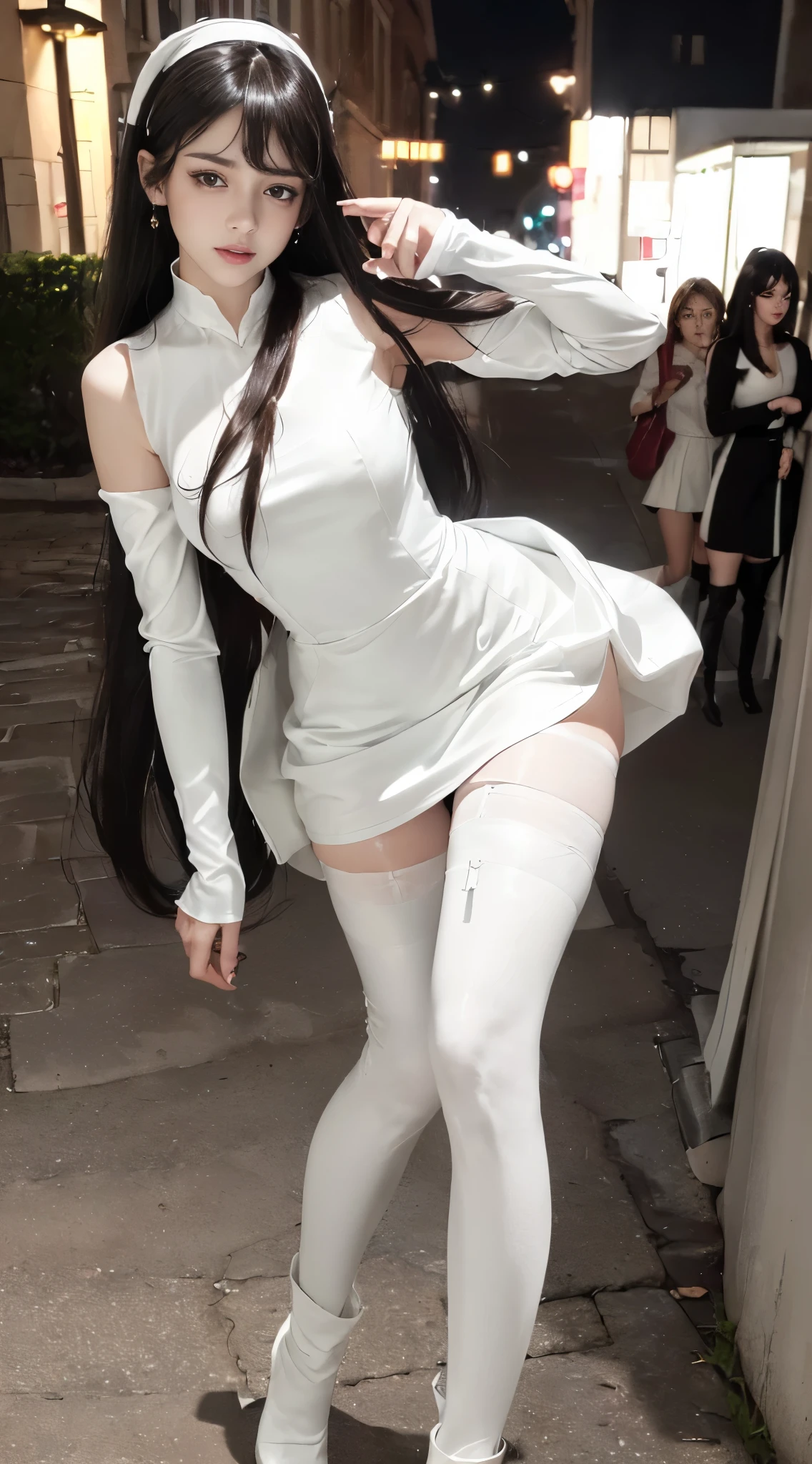 ((Realistic lighting, Best quality, 8K, Masterpiece: 1.3)), Clear focus: 1.2, 1girl, Perfect body beauty: 1.4, Slim abs: 1.1, ((dark brown hair)), (White dress: 1.4), (Outdoor, night: 1.1), City Street, Super Fine Face, Fine Eyes, Double Eyelids, (Over the knee black stockings: 1.5)