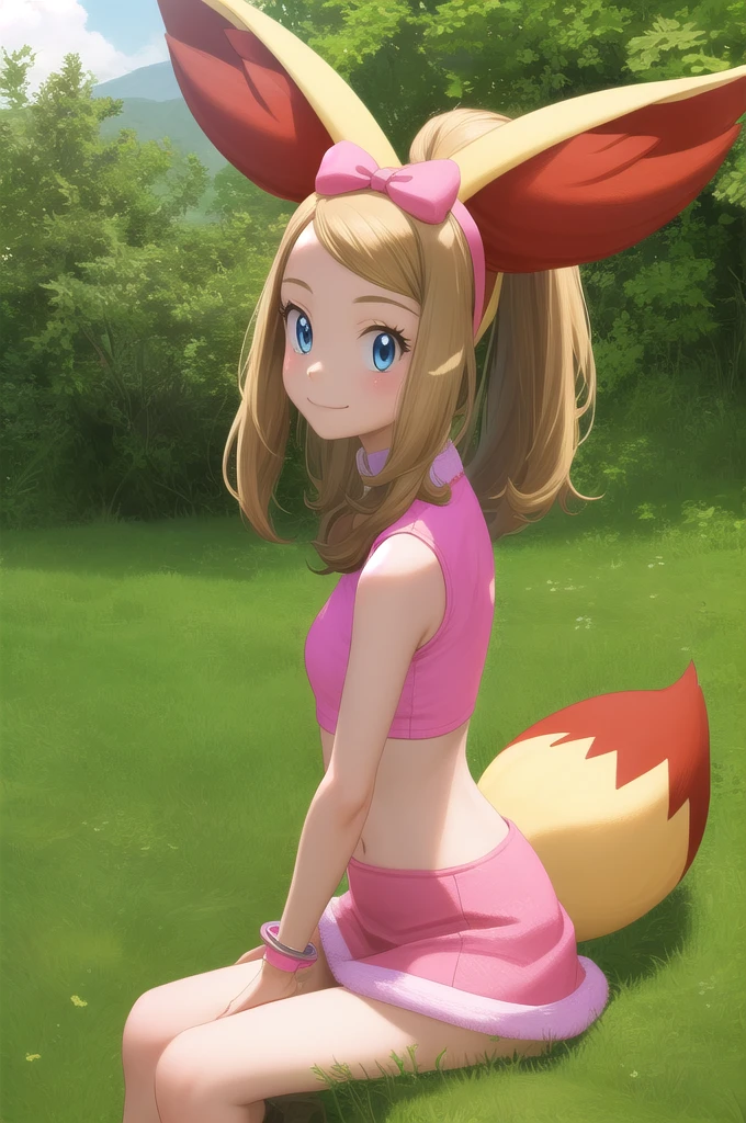 pkmnserena, 1girl, solo, blue eyes, blonde hair, long hair, ponytail, sidelocks, bangs,
pink hairband, bow hairband, hair bow, pink bow, fox tail, fake tail, animal ears, fox ears, animal ear fluff, fake animal ears,
pink shirt, crop top, sleeveless, turtleneck, pink skirt, miniskirt, midriff, bracelet,
smile,closed mouth,cowboy shot,sitting,forest,outdoor,
(insanely detailed, beautiful detailed face, masterpiece, best quality) cinematic lighting, realistic photograph, realistic background, cute