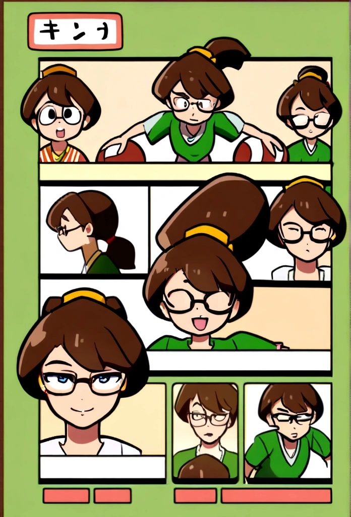 Full body cartoon style ,brown hair with ponytail , wearing glasses, different angles, character sheet.playing football.