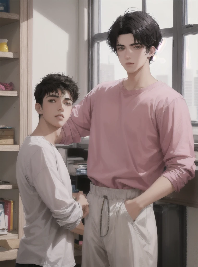 Make a young 17 year old man with short straight asabache black hair, dark eyes, serious, White skin, with adorable face and very attractive rosy cheeks, with a pink shirt, who is standing behind a window, HD quality