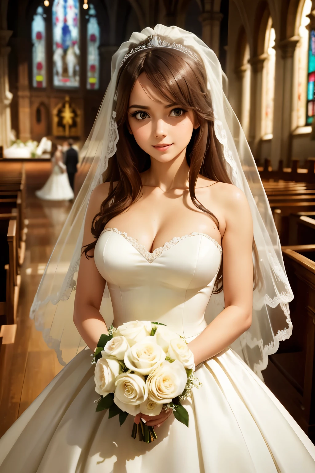1girl, masterpiece, highres, sonicedges_rias_gremory, ((wedding dress, church, bridal veil, wedding, bouquet))
