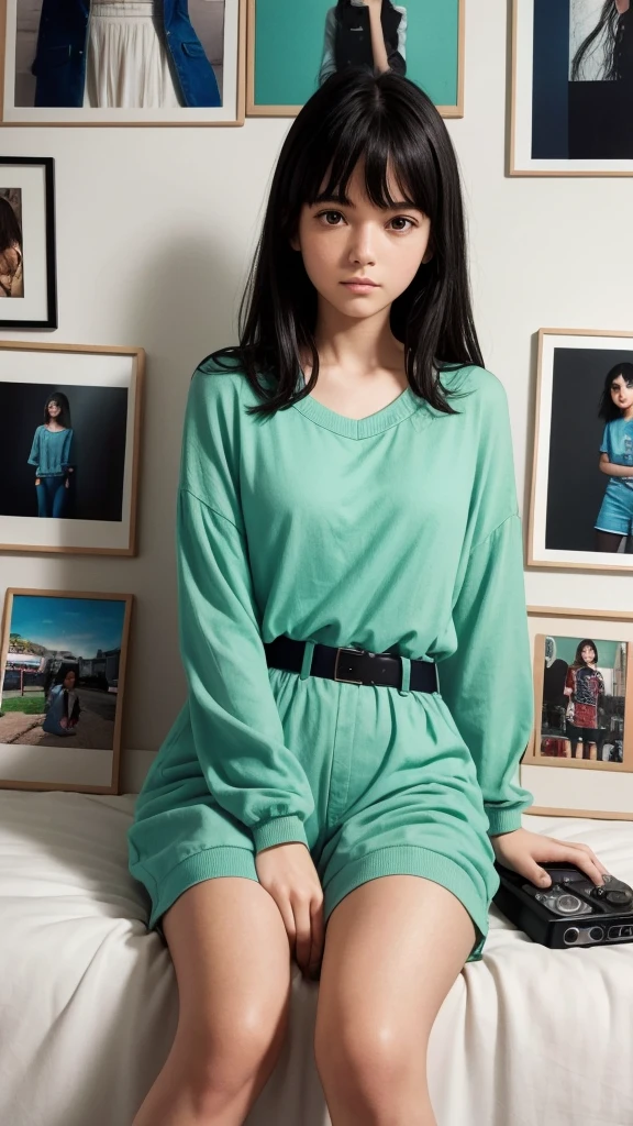 In a 70s theme A 16 year old girl wearing a blue jumpsuit over a green shirt, and jeans is sitting with her legs crossed on her bed in her room, holding a Polaroid camera with several photos spread across the bed, the girl has straight black hair with bangs on her forehead she is looking at the camera that she holds in her hands, in the room there is a wall with band posters glued to the wall and a dresser with a radio player with some tapes stacked up