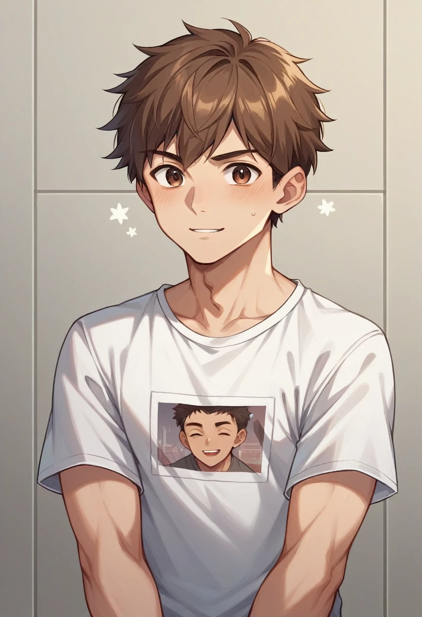 1 young boy, Her hair is brown, side bangs to the eyebrow, your brown eyes with a serious look, YOUR TANNING SKIN, he is wearing underwear and a loose t-shirt, he's sitting