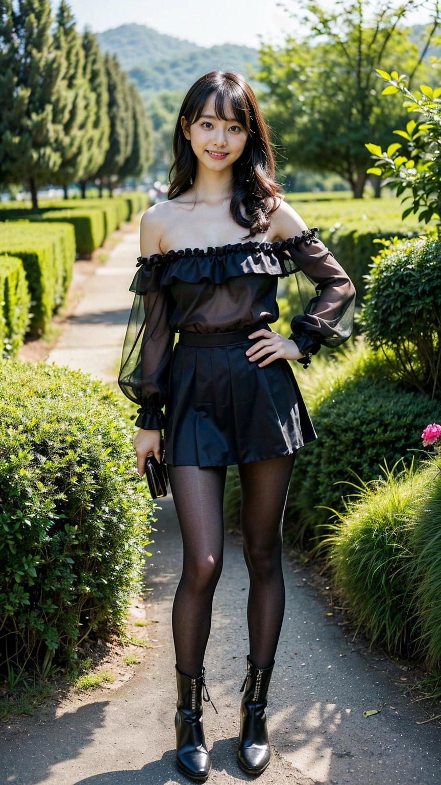(8K、RAW Photos、Highest quality、masterpiece:1.2)、(Realistic、Realistic)、1 Girl、((Off the shoulder、Black Mini Skirt、one piece、Frills、smile、Medium Hair、See-through、tights、boots、chest emphasis、whole body、garden、View from the front、Looking into the camera、Stand with your hands on your hips))、