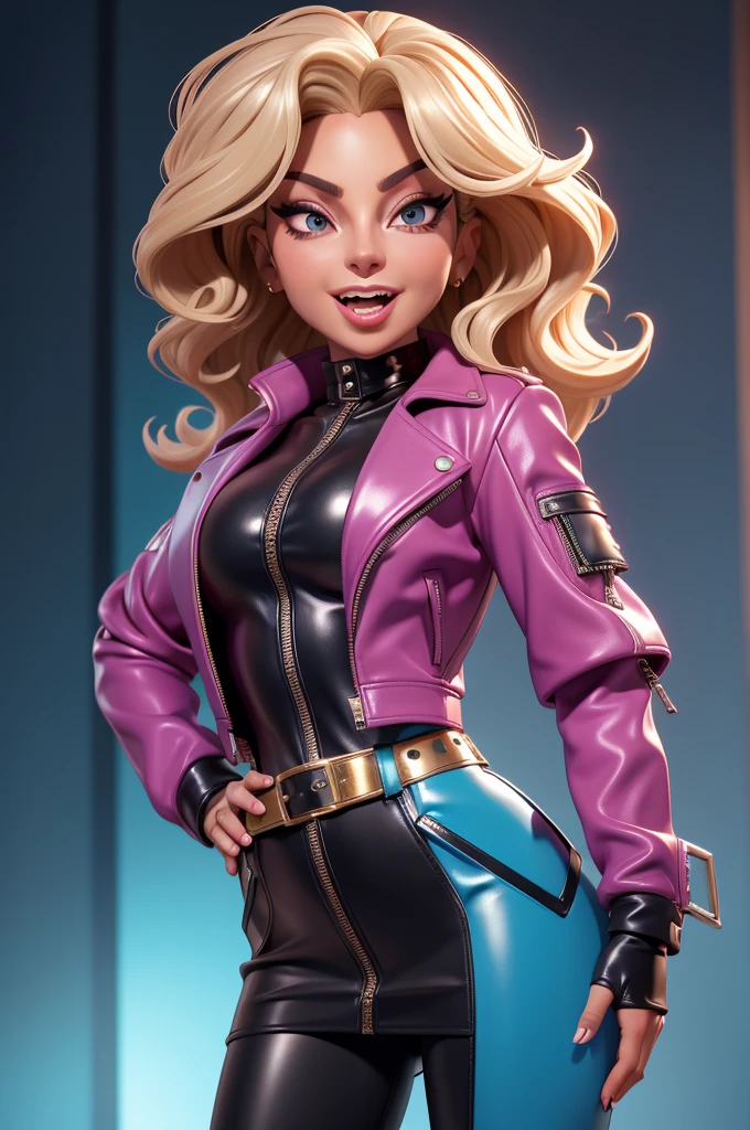 obra prima, melhor qualidade, ((only one woman,)) ((lady gaga, tan skin, wavy bob hair, open mouth,)) head back, (sassy wicked sultry sneer, big teeth smile,) open mouth, pucker mouth, sunglasses, thick smoky black eye shadow, long fake eyelashes, sticking tongue out, ((magenta leather jacket with puff shoulder,)) biker jacket has stiff collar, leather blouse, ((gold silver leather sweater dress, metallic leather sun dress, leather culottes,)) periwinkle blazer length leather coat, ((cerulean blue pvc skirt, pockets, zipper side,)) studs zippers snaps, shiny leather gloves, nip slip, body is skinny, shiny tight buttocks, arched back, camera view of whole body, looking up at me, shallow depth of field, highres, HD, 8k, anatomically correct