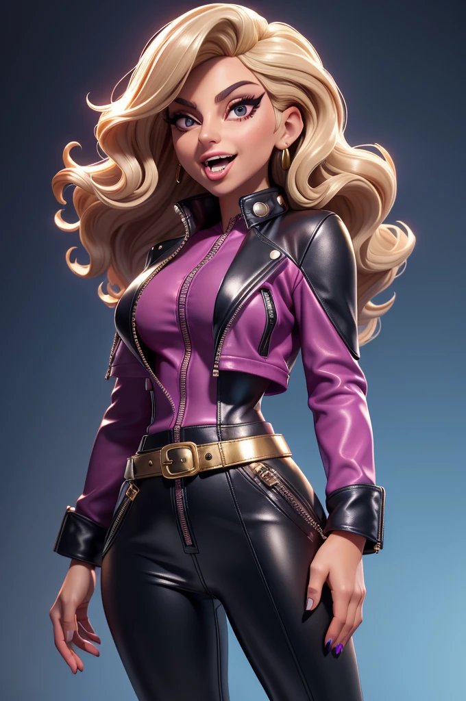 obra prima, melhor qualidade, ((only one woman,)) ((lady gaga, tan skin, wavy bob hair, open mouth,)) head back, (sassy wicked sultry sneer, big teeth smile,) open mouth, pucker mouth, sunglasses, thick smoky black eye shadow, long fake eyelashes, sticking tongue out, ((magenta leather jacket with puff shoulder,)) biker jacket has stiff collar, leather blouse, ((gold silver leather sweater dress, metallic leather sun dress, leather culottes,)) periwinkle blazer length leather coat, ((cerulean blue pvc skirt, pockets, zipper side,)) studs zippers snaps, shiny leather gloves, nip slip, body is skinny, shiny tight buttocks, arched back, camera view of whole body, looking up at me, shallow depth of field, highres, HD, 8k, anatomically correct