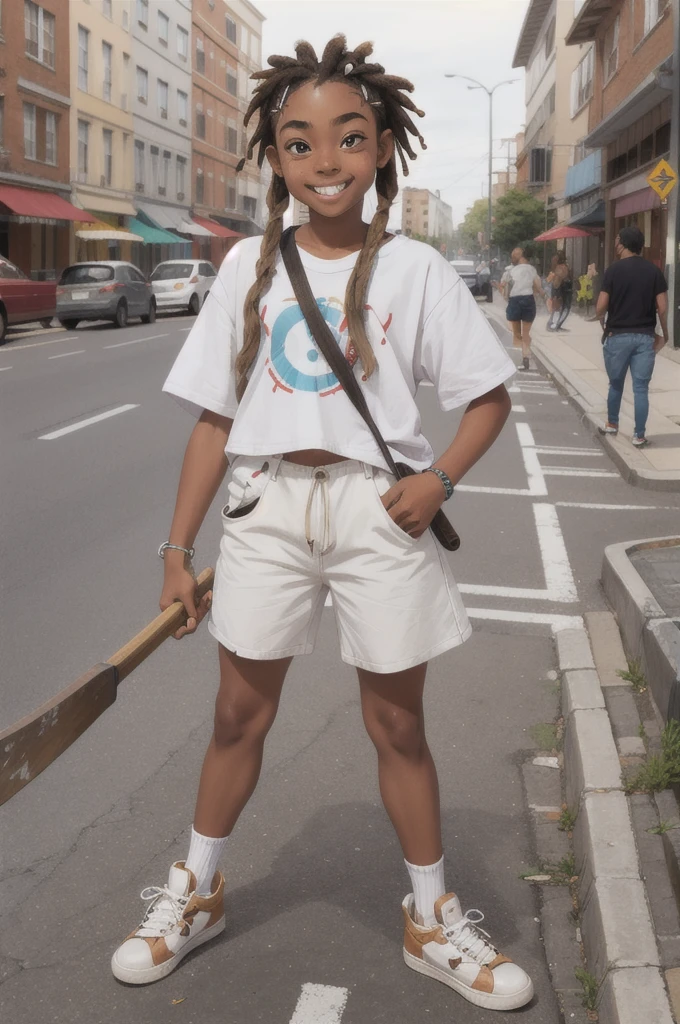  16 year old with street style clothes, white with tanned skin, short dreads in her hair and holding an ax little teeth split down the middle and kind of chubby