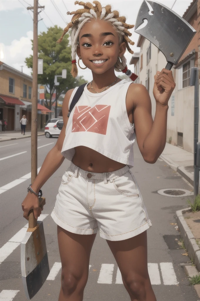 16 year old with street style clothes, white with tanned skin, short dreads in her hair and holding an ax little teeth split down the middle and kind of chubby