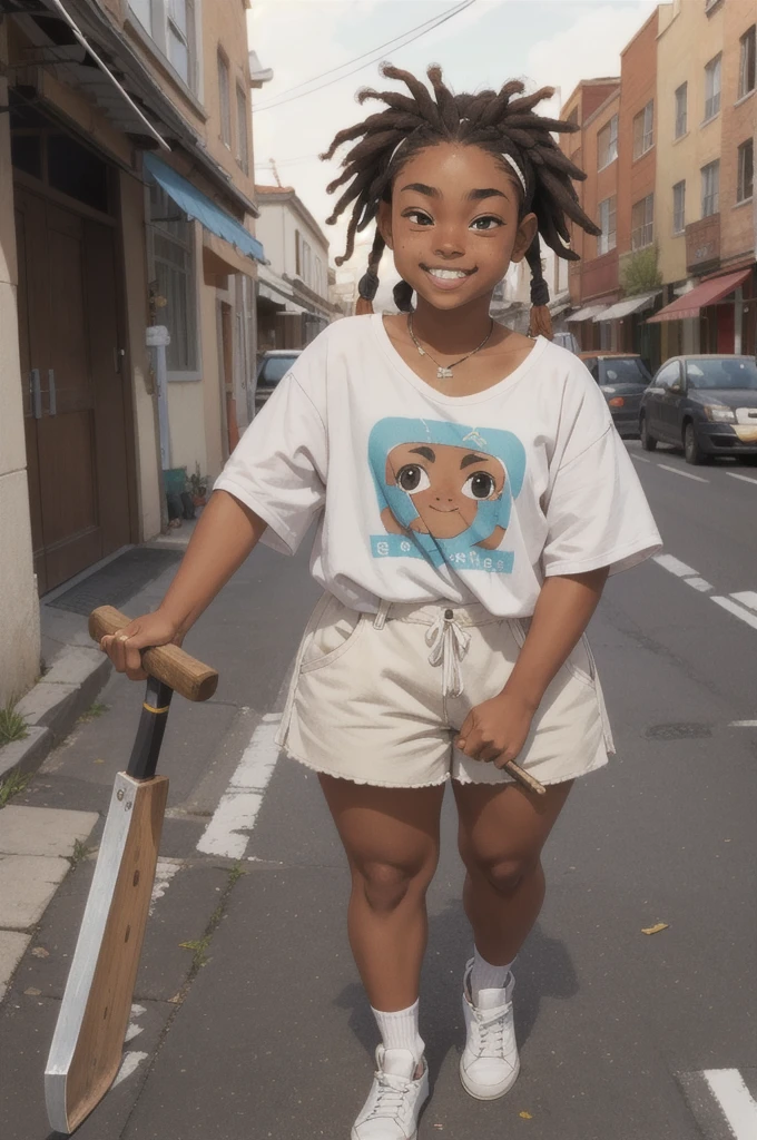   with street style clothes, white with tanned skin, short dreads in her hair and holding an ax little teeth split down the middle and kind of chubby