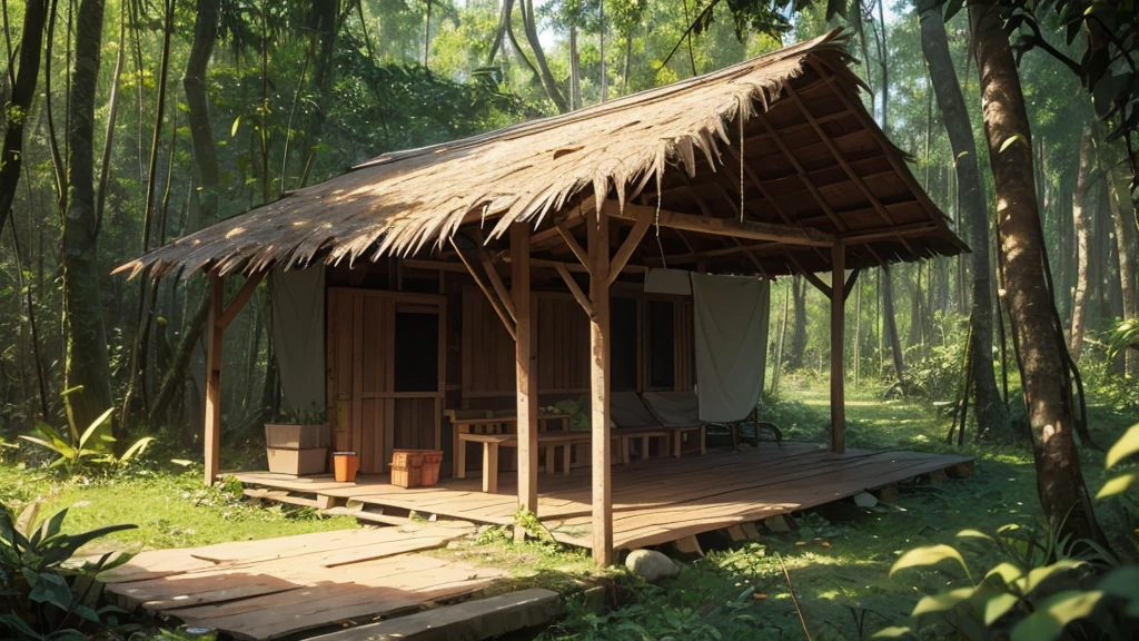 A makeshift shelter made with tree branches and leaves in the jungle