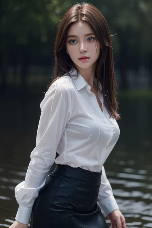 best quality,masterpiece,ultra high res,(photo realistic:1.4),1 girl,medium breasts,big blue eyes,brown hair, white button shirt, black skirt, , cute,young,posing,very long hair, looking at viewers,rain, wet, professional lighting, physically-based rendering