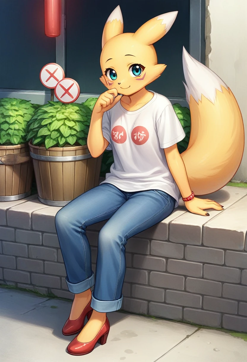 rest, src_Japanese cartoons, Endless, Official Art, masterpiece, 1 Girl, renamon (Digimon), anthropology, cute的, , very younger, young, , Uncensored, Oversized T-shirt, big jeans, Red high heels,Sexy, Honey, prostitute, Dagasi, Blink,cute