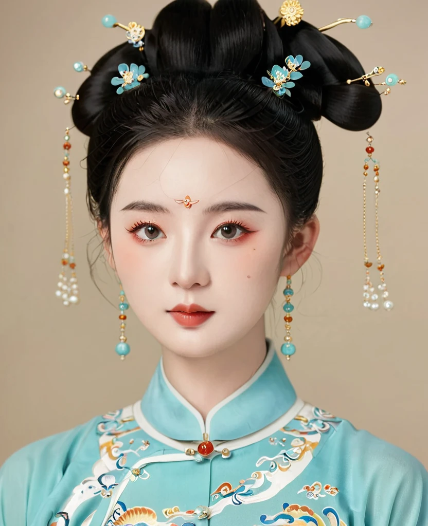 Chinese classical girl portrait，symmetry，Round Face，Bright Eyes，Smooth skin，Chinese Song Dynasty official uniform,egotistical,High bun，Clean background