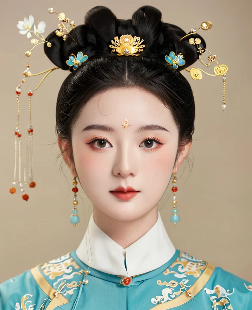 Chinese classical girl portrait，symmetry，Round Face，Bright Eyes，Smooth skin，Chinese Song Dynasty official uniform,egotistical,High bun，Clean background