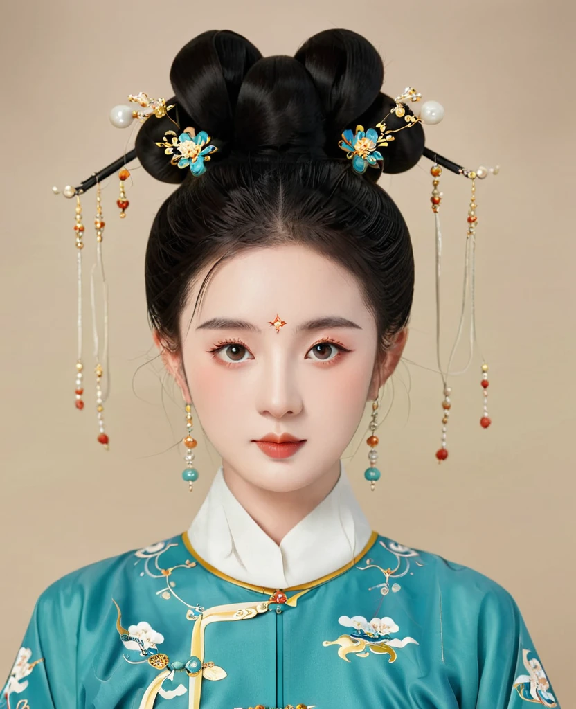 Chinese classical girl portrait，symmetry，Round Face，Bright Eyes，Smooth skin，Chinese Song Dynasty official uniform,egotistical,High bun，Clean background