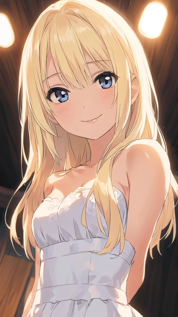 solo, 1girl, strapless, bride dress, simple background, seductive smile, middle breasts, middle hair, blonde