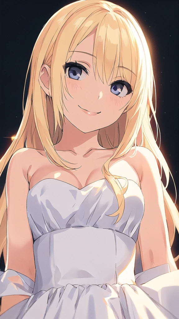 solo, 1girl, strapless, bride dress, simple background, seductive smile, middle breasts, middle hair, blonde