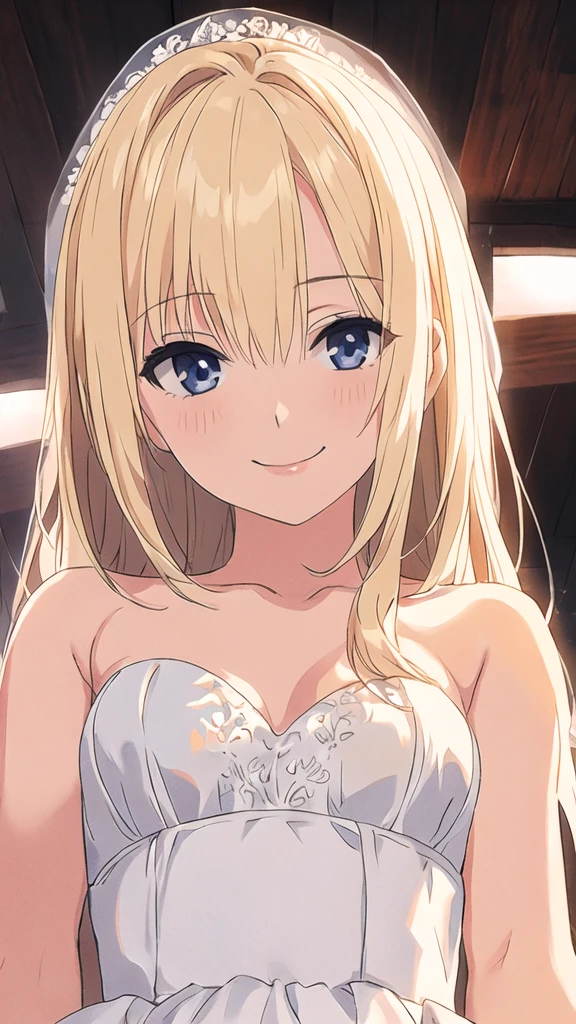 solo, 1girl, strapless, bride dress, simple background, seductive smile, middle breasts, middle hair, blonde