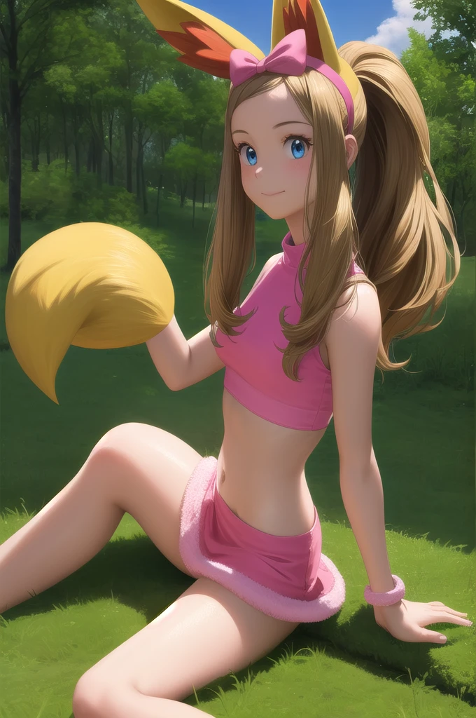 pkmnserena, 1girl, solo, blue eyes, blonde hair, long hair, ponytail, sidelocks, bangs, pink hairband, bow hairband, hair bow, pink bow, pink shirt, real life image, crop top, sleeveless, turtleneck, pink skirt, miniskirt, midriff, bracelet, smile,closed mouth,cowboy shot,sitting,forest,outdoor, (insanely detailed, beautiful detailed face, masterpiece, best quality) cinematic lighting, realistic photograph, realistic background, cute, real life photo, 