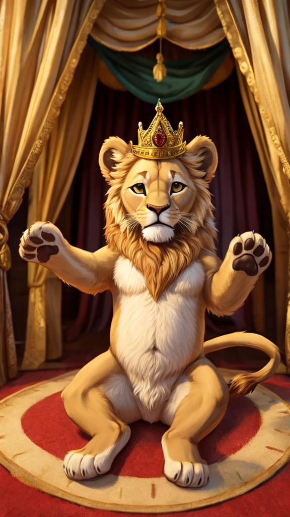 A little lion with a crown with its paws up greeting