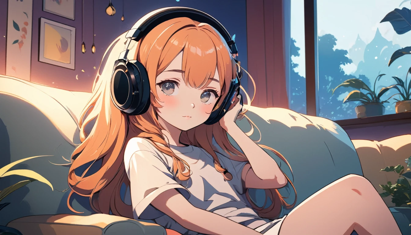 A girl wearing headphones is sitting comfortably on a sofa, Wide-angle lens, Lofi Anime, Lofi illustration, Aesthetic atmosphere, Lo-Fi Style, Vector art, Flat Design, Simple shape, Warm tones, Pleasant atmosphere, Chill, In anime style, Digital drawing, Vector art, Vector logo for t-shirt printing, (Adorable:1.5), (small:1.4), (Playful:1.2), (soft:1.3), (Whimsical:1.1), masterpiece, Highest quality, 8K, Intricate details, grow, Celestial, Mysterious, Picturesque, amazing, Majestic, Magic, Fantasy art, Cover art, dream-like