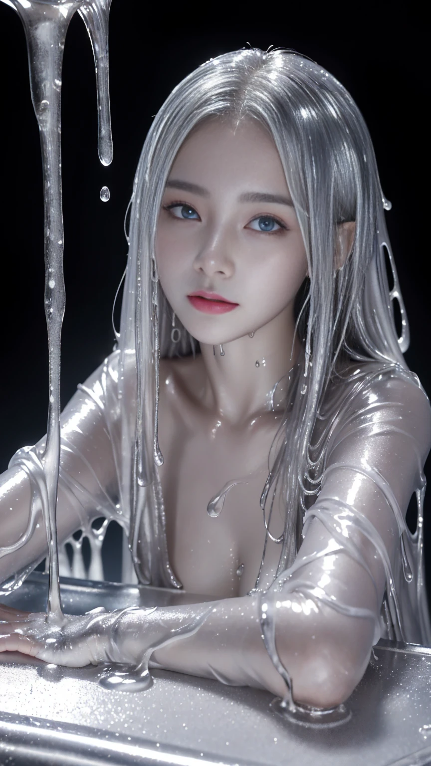 (High resolution,Tabletop:1.2),Super detailed,(Realistic:1.37),Portraiture,Full Body Shot、Slime Girl、Covered in silver slime, (Partially transparent), (Wet),  Silver liquid dripping from her body. Her hair is also Covered in silver slime. Silver slime scattered, Golden Hair, blue eyes、Super cute face、Random pose、