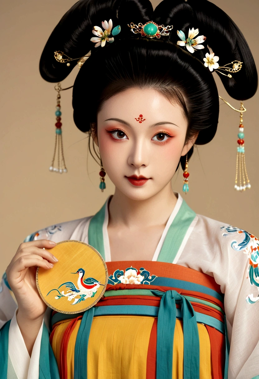 Beautiful girl portrait，Fairy，symmetry，Round Face，Bright Eyes，Smooth skin，Chinese Tang Dynasty Flag Costume,egotistical,High bun，Air bangs，Holding a round fan，Long flowing sleeves，Clean background