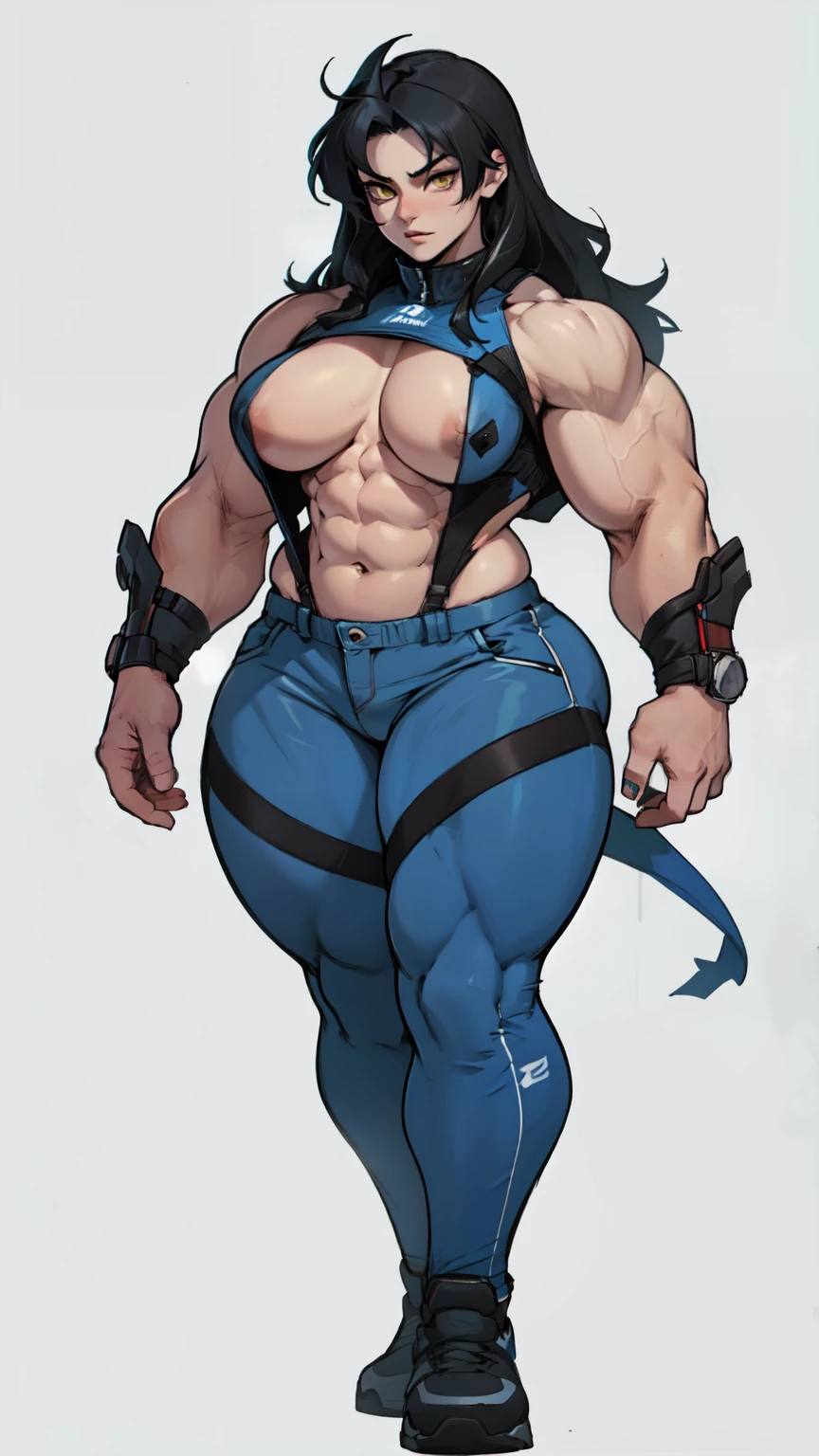 solo standing skintight ((muscular girl perfect anatomy)) toned body massive breasts yellow eyes black hair pale skin