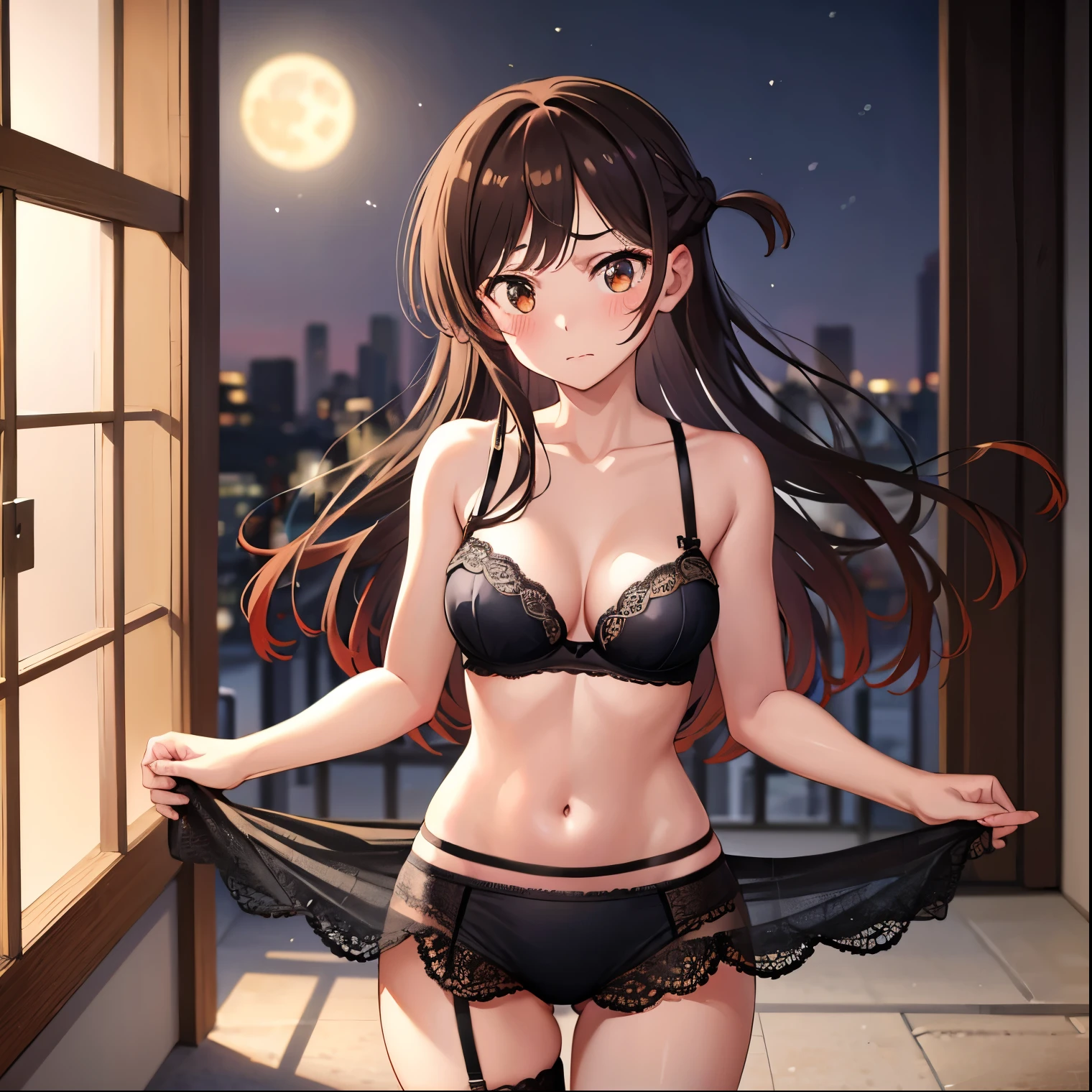 ((1girl)), ((alone)), chizuru mizuhara, (masterpiece, best quality), ultra detailed, sharp focus, detailed background, detailed eyes, dynamic pose, cowboy photo, curvy body, blushing, embarrassed expression , perfect fingers, looking at viewer, brown hair, long hair, bangs, one side up, braid, brown eyes, ((lingerie with lace, 1-piece lingerie, pink lingerie, bare shoulders, bare waist, navel, barefoot)) , big breasts, narrow waist, wide hips, medium thighs, round butt, ((solo)), ((standing, interior, Japanese apartment, window, night, moon, urban background, city lights,, adjust hair , wind, hair blowing in the wind)), looking forward, ((focus on breasts)) , point of view: (from the middle), perfect anatomy, perfect hands