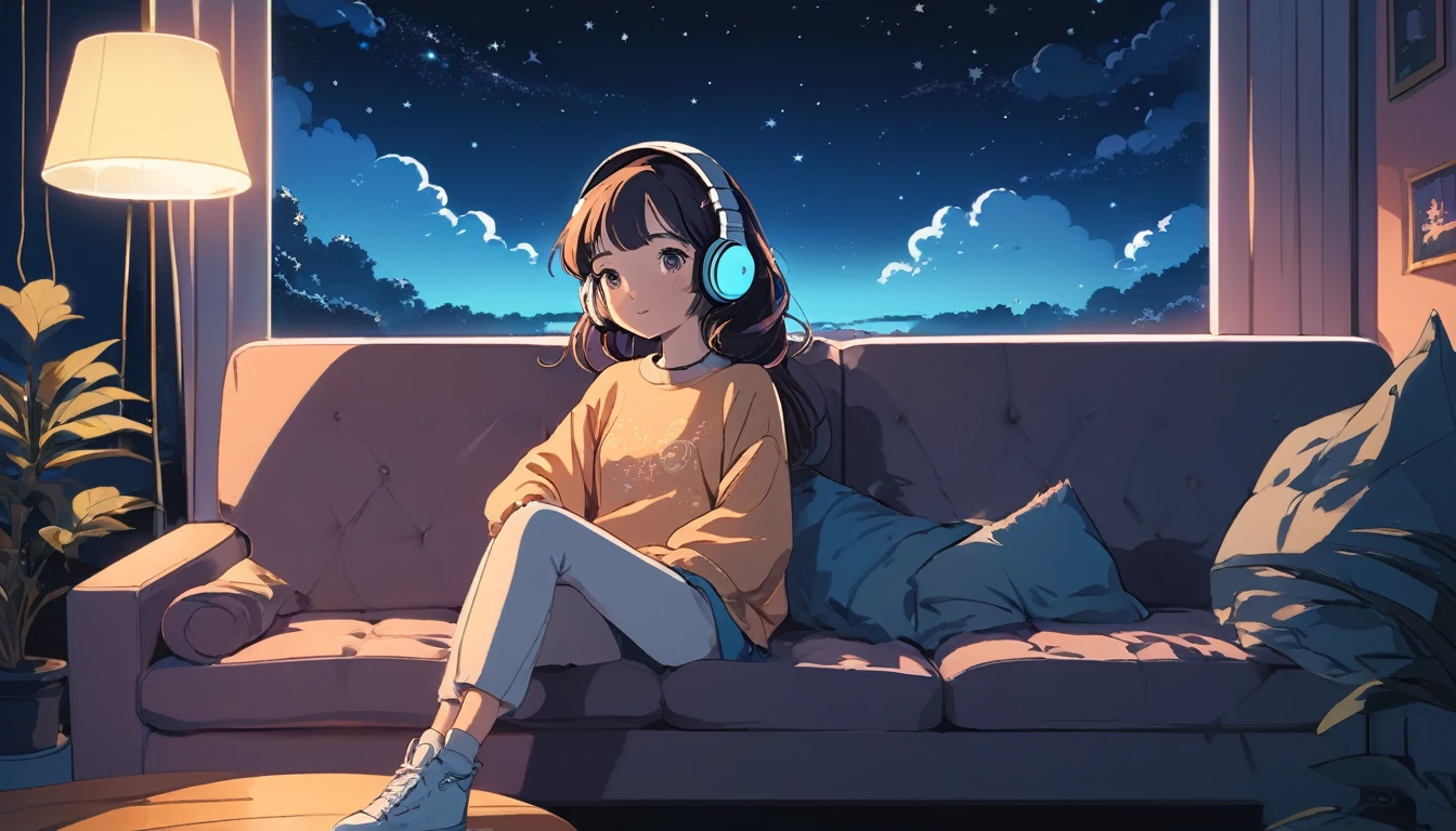 A girl with headphones on is sitting comfortably on a sofa at night, Wide-angle lens, Lofi Anime, Lofi illustration, Aesthetic atmosphere, Lo-Fi Style, Vector art, Flat Design, Simple shape, Warm tones, Pleasant atmosphere, Chill, In anime style, Digital drawing, Vector art, Vector logo for t-shirt printing, (Adorable:1.5), (small:1.4), (Playful:1.2), (soft:1.3), (Whimsical:1.1), masterpiece, Highest quality, 8K, Intricate details, grow, Celestial, Mysterious, Picturesque, amazing, Majestic, Magic, Fantasy art, Cover art, dream-like