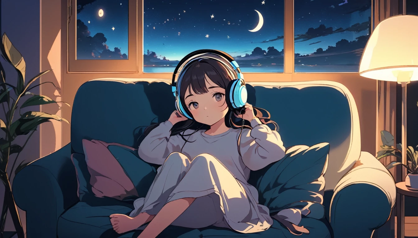 A girl with headphones on is sitting comfortably on a sofa at night, Wide-angle lens, Lofi Anime, Lofi illustration, Aesthetic atmosphere, Lo-Fi Style, Vector art, Flat Design, Simple shape, Warm tones, Pleasant atmosphere, Chill, In anime style, Digital drawing, Vector art, Vector logo for t-shirt printing, (Adorable:1.5), (small:1.4), (Playful:1.2), (soft:1.3), (Whimsical:1.1), masterpiece, Highest quality, 8K, Intricate details, grow, Celestial, Mysterious, Picturesque, amazing, Majestic, Magic, Fantasy art, Cover art, dream-like