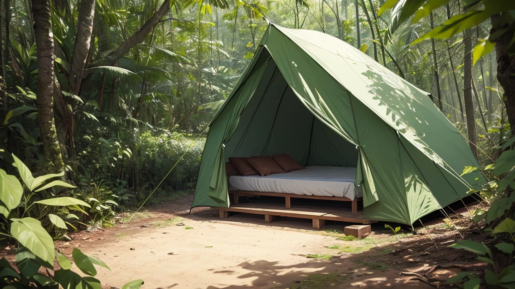 A tent made with tree branches and leaves in the jungle