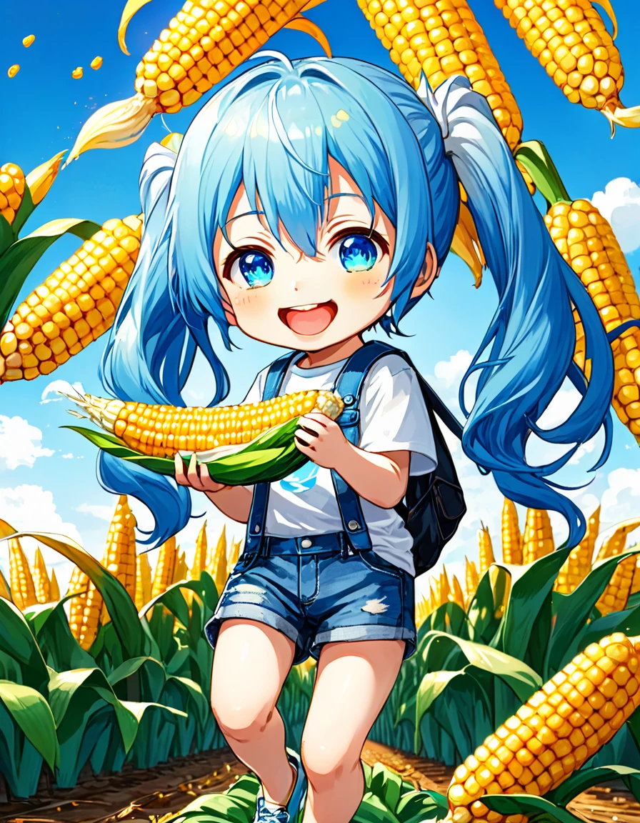 blue sky、White cloud、A field of corn、Light blue long hair、Cute chibi character with twin tails、Surrounded by corn, he is smiling happily and showing off his biggest smile.、A little character is eating corn、A kernel of corn on his cheek、Delicious smile、T-shirt and denim shorts