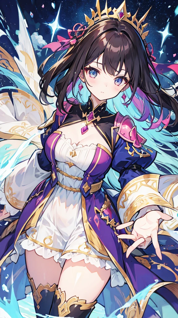 fantasy world girl with colorful hair, accessories, detailed clothes, dark hair