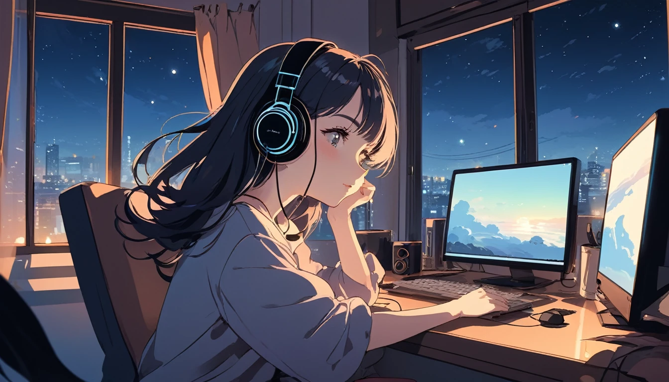 Sexy woman wearing headphones、Computer and mug on the desk、Night outside the window, Wide-angle lens, Lofi Anime, Lofi illustration, Aesthetic atmosphere, Lo-Fi Style, Vector art, Flat Design, Simple shape, Warm tones, Pleasant atmosphere, Chill, In anime style, Digital drawing, Vector art, Vector logo for t-shirt printing, (Adorable:1.5), (small:1.4), (Playful:1.2), (soft:1.3), (Whimsical:1.1), masterpiece, Highest quality, 8K, Intricate details, grow, Celestial, Mysterious, Picturesque, amazing, Majestic, Magic, Fantasy art, Cover art, dream-like